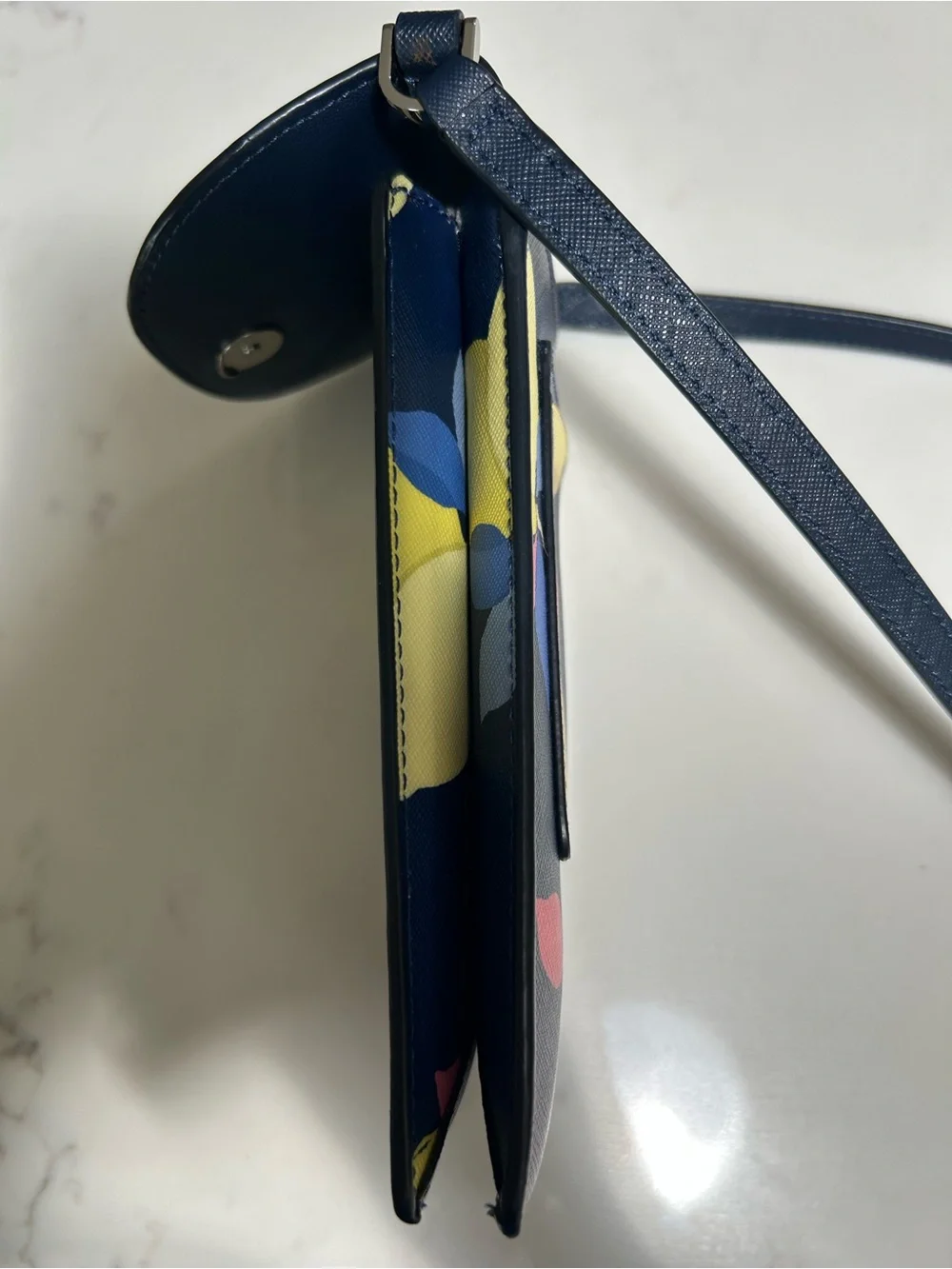 kate spade navy lemon print crossbody with pink and blue accents